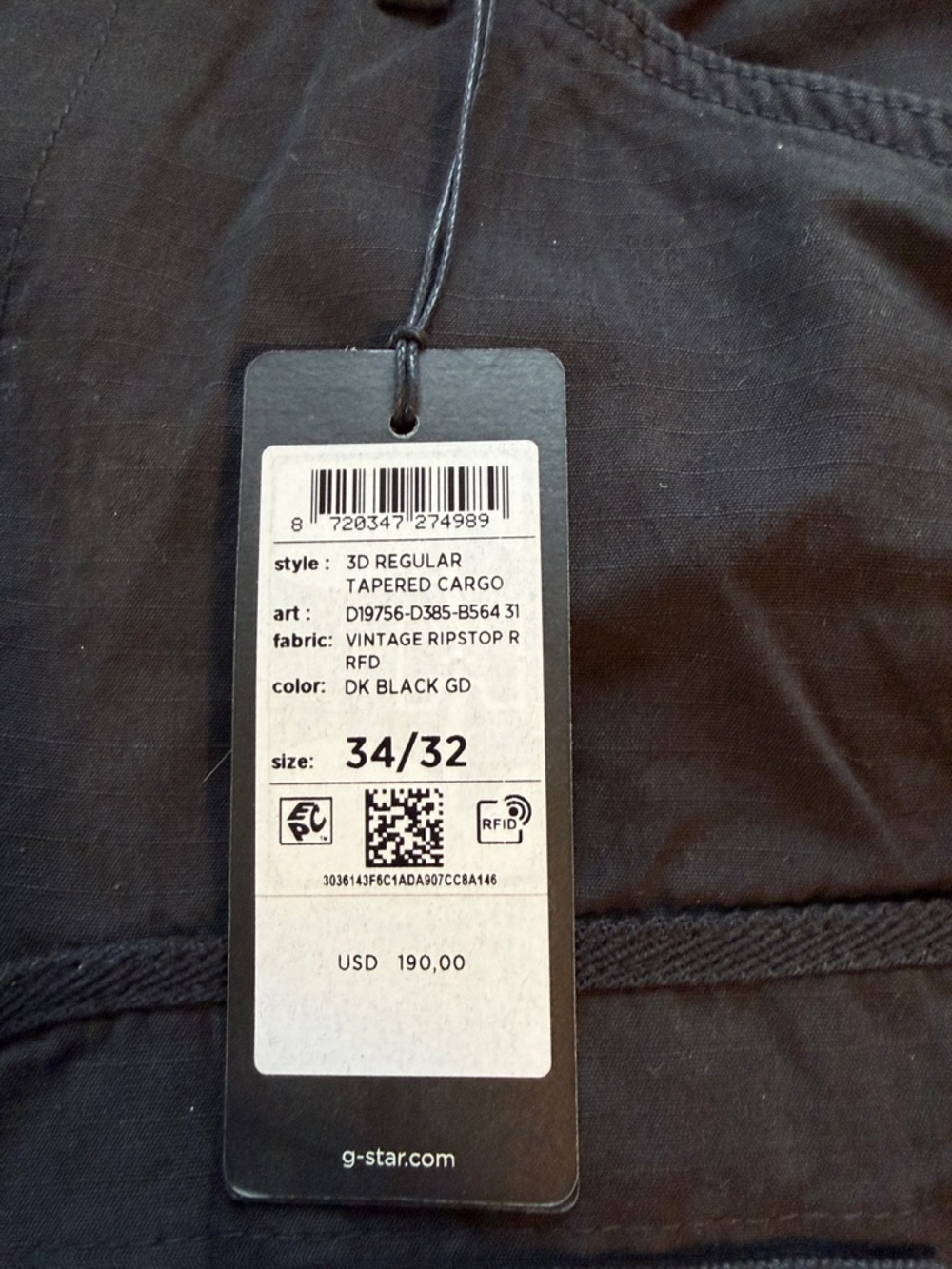 G-Star Men’s Dark Black Tapered Cargo Pants